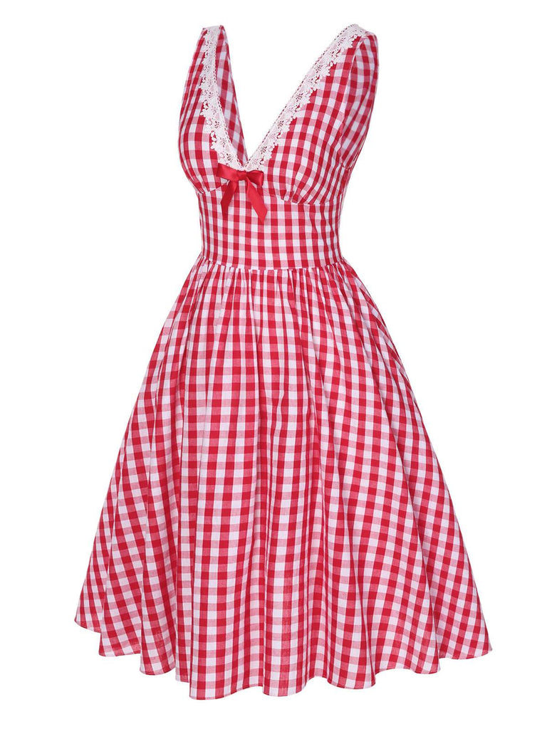 Rot 1950er Spitze V-Ausschnitt Plaid Kleid