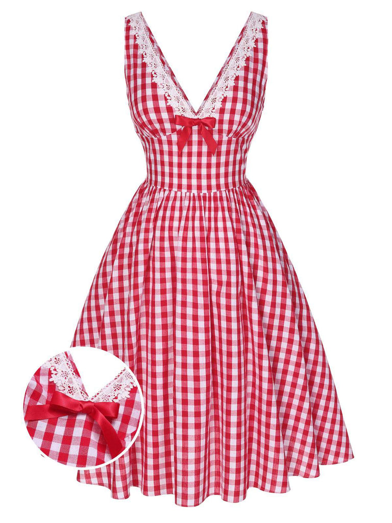 Rot 1950er Spitze V-Ausschnitt Plaid Kleid