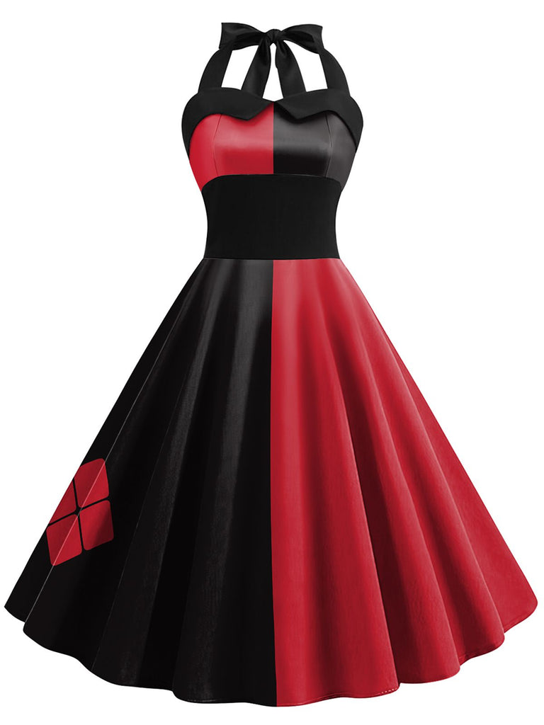 Rot & Schwarz 1950er Solide Kontrast Halter Kleid