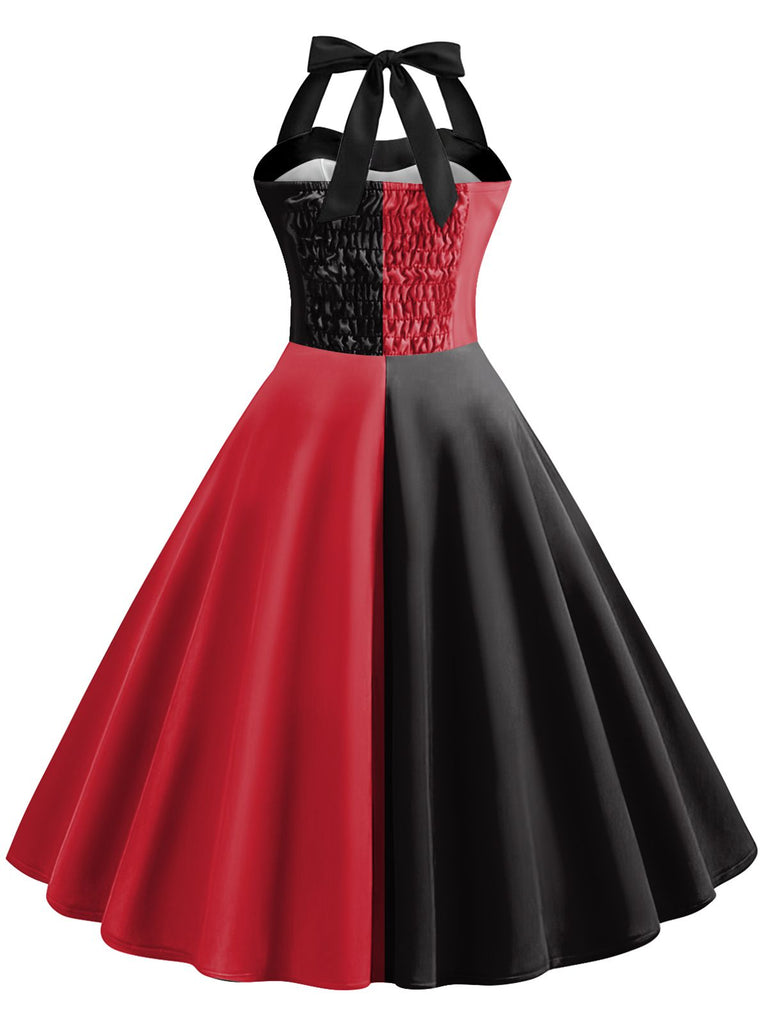 Rot & Schwarz 1950er Solide Kontrast Halter Kleid