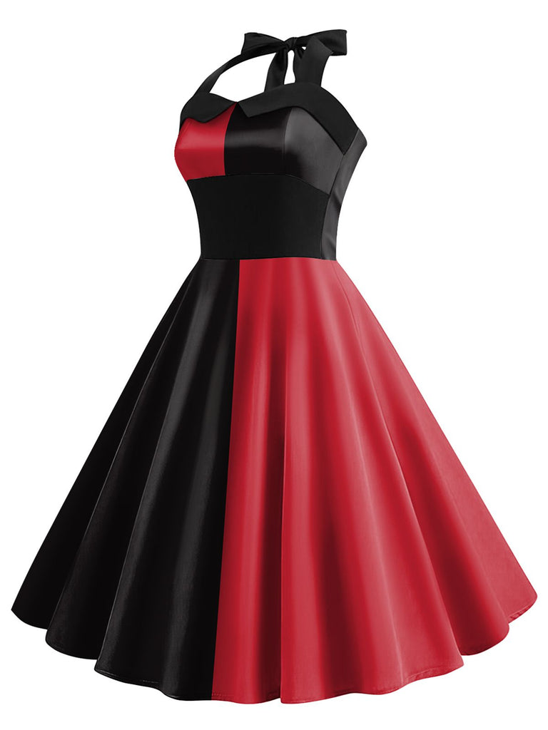 Rot & Schwarz 1950er Solide Kontrast Halter Kleid