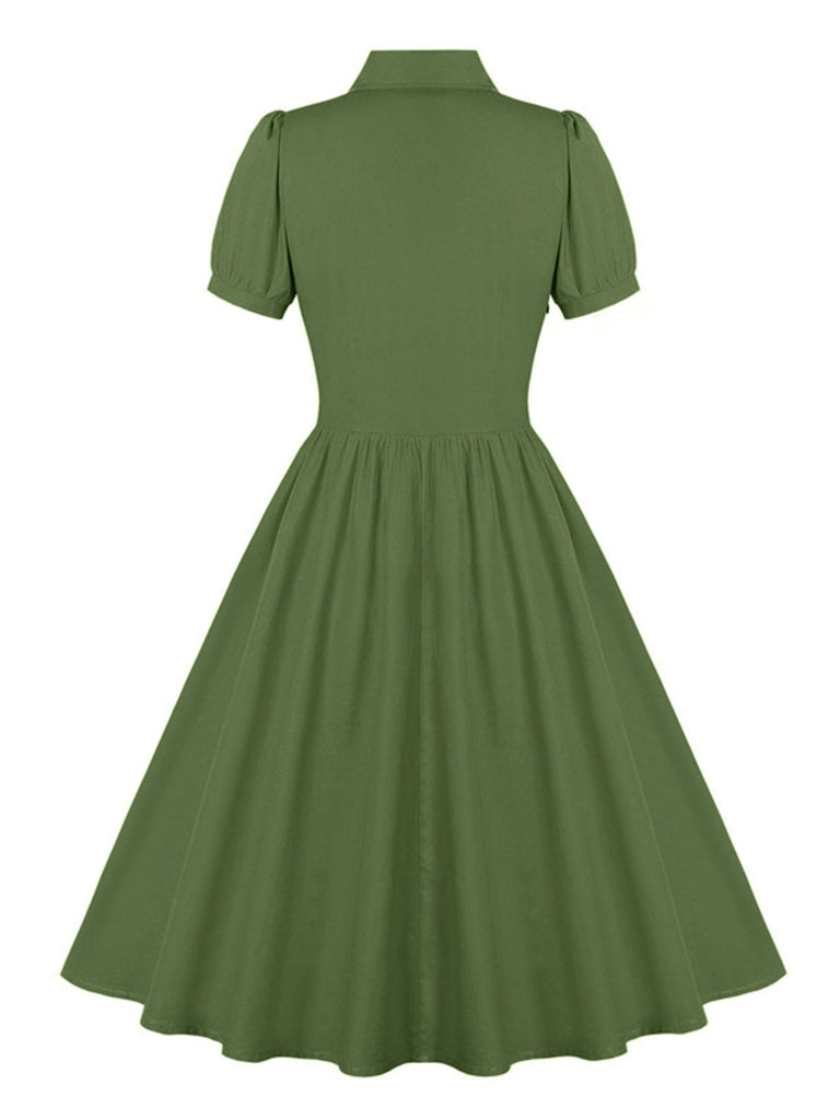 1950er Solide Revers Knöpfen Swing Kleid