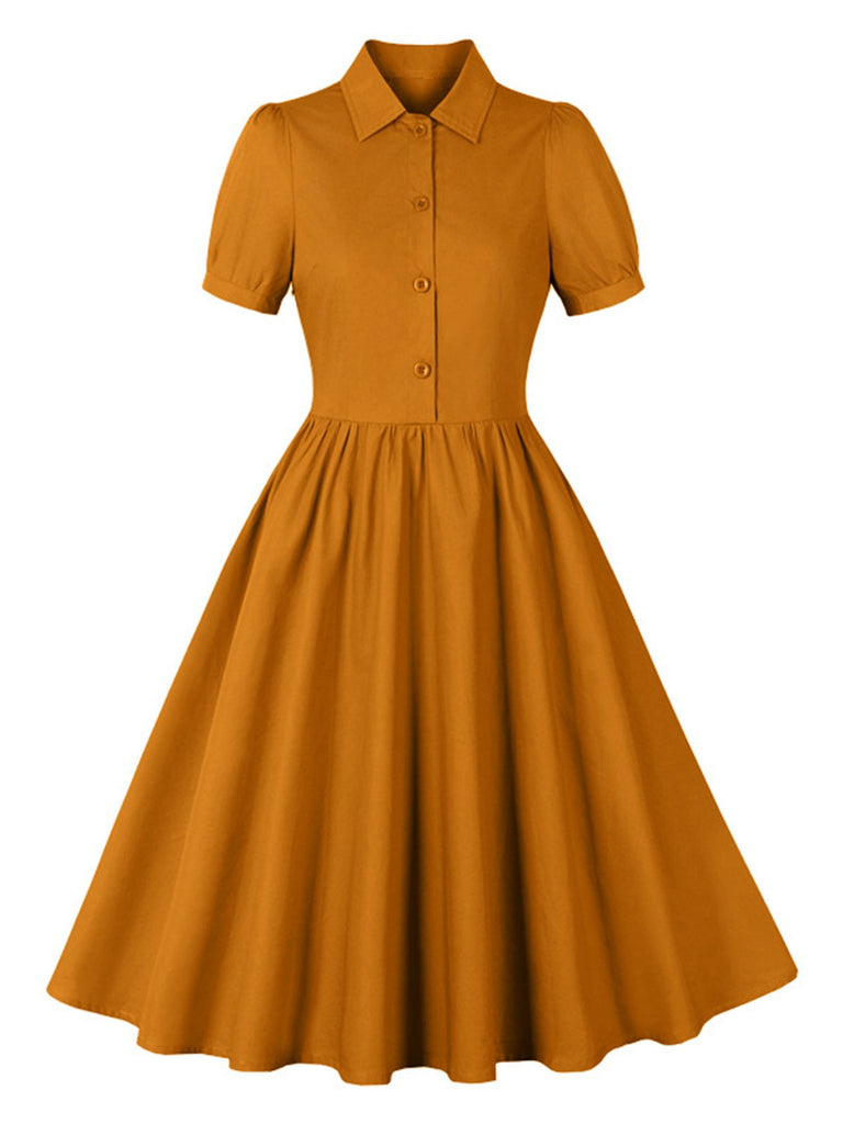 1950er Solide Revers Knöpfen Swing Kleid