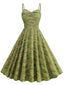 Grün 1950er Blumen Spaghetti Träger Swing Kleid