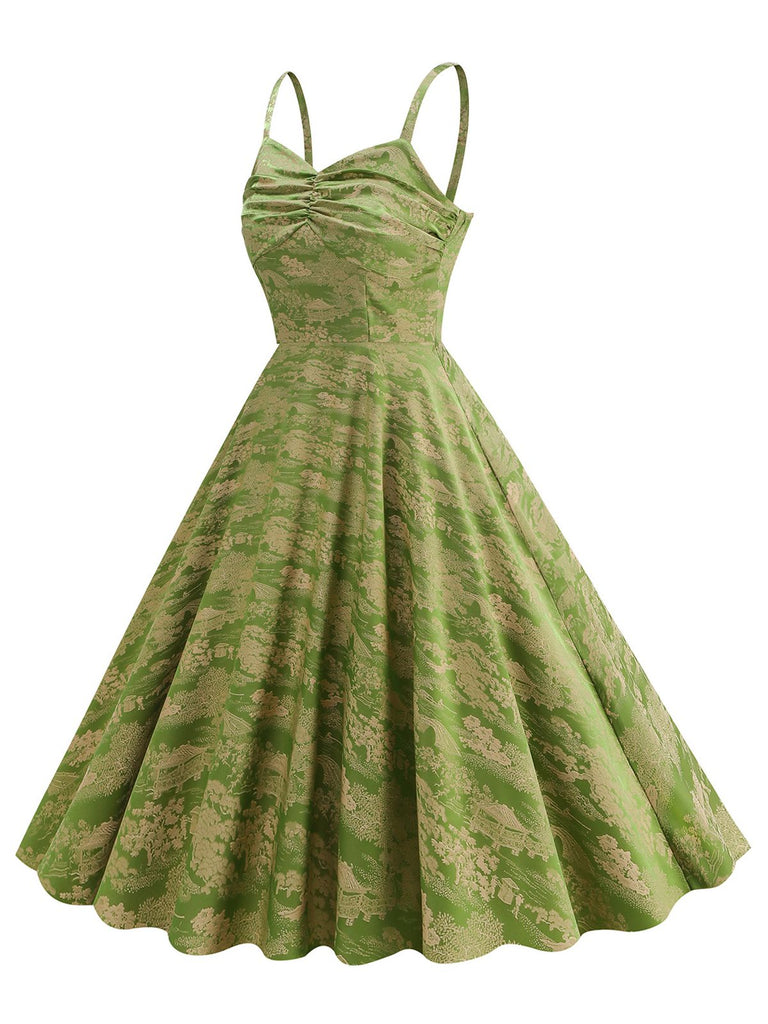 Grün 1950er Blumen Spaghetti Träger Swing Kleid