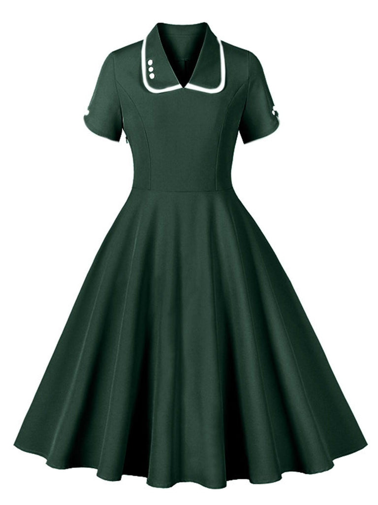 1950er Revers Geknöpft Kurze Ärmel Solide Kleid