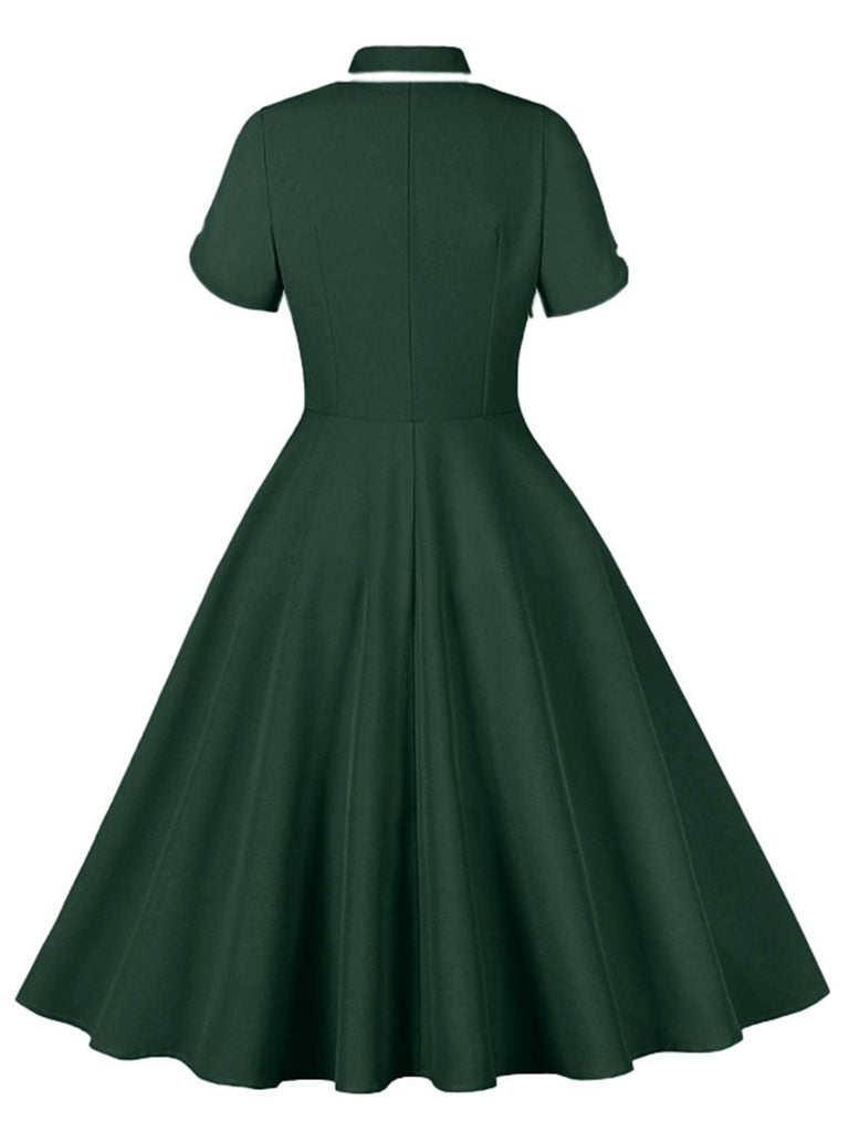 1950er Revers Geknöpft Kurze Ärmel Solide Kleid