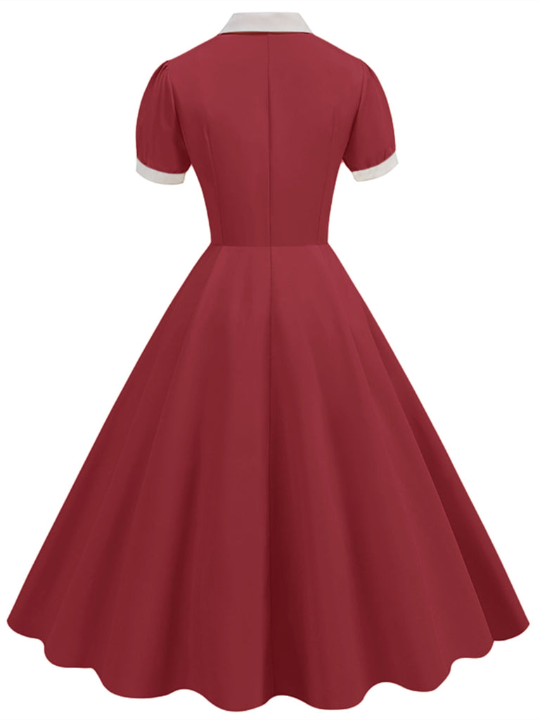 1950er Solide Kontrast Revers Swing Kleid