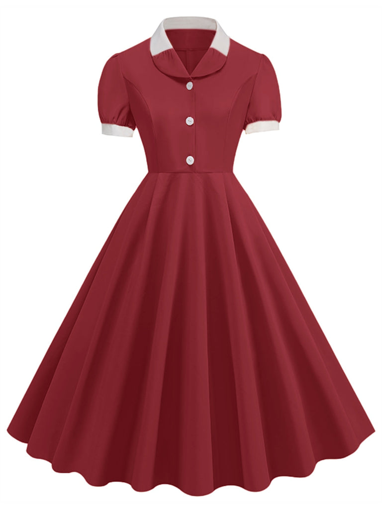 1950er Solide Kontrast Revers Swing Kleid