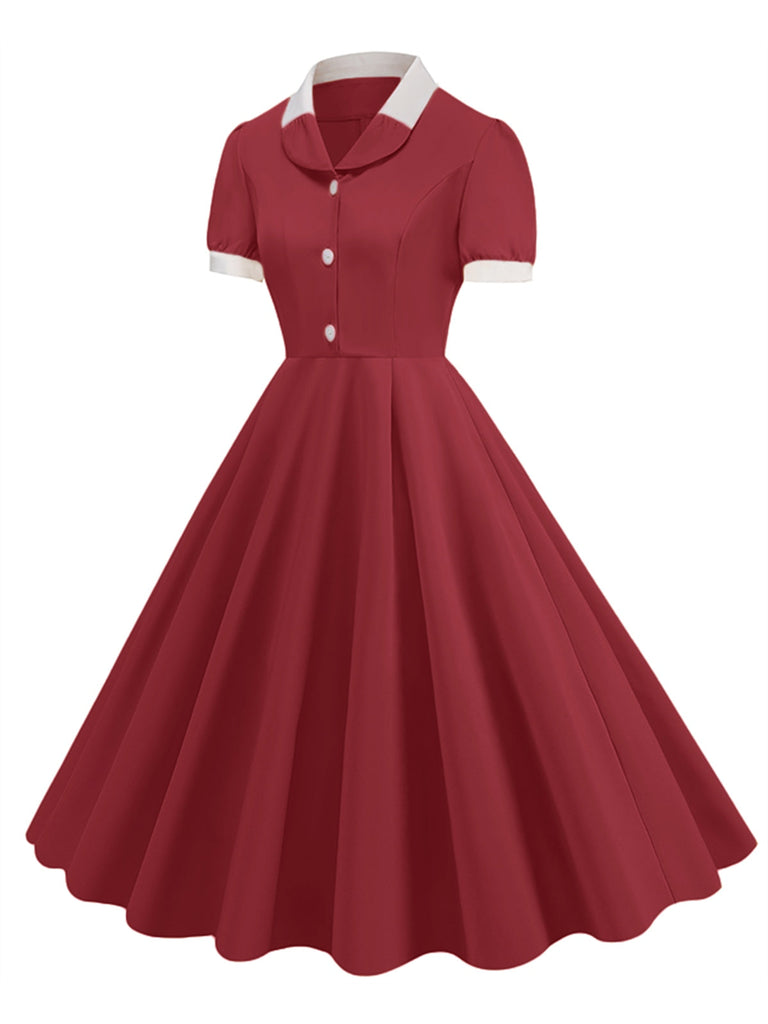 1950er Solide Kontrast Revers Swing Kleid