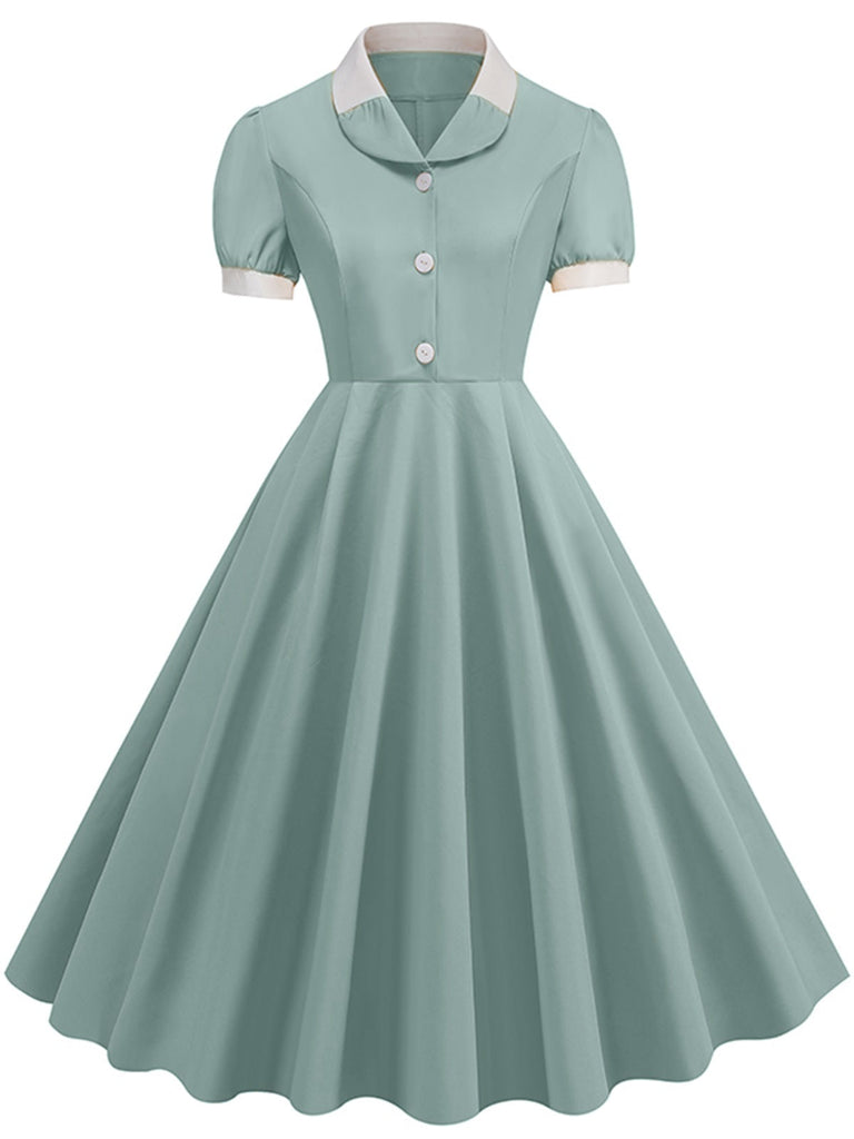 1950er Solide Kontrast Revers Swing Kleid