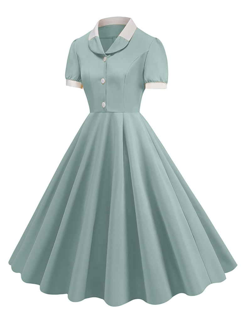 1950er Solide Kontrast Revers Swing Kleid