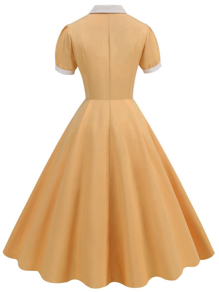 1950er Solide Kontrast Revers Swing Kleid