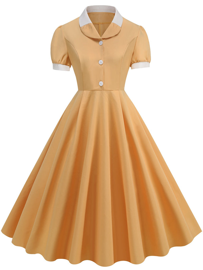 1950er Solide Kontrast Revers Swing Kleid