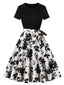 Schwarz 1950er Rundhals Patchwork Swing Kleid