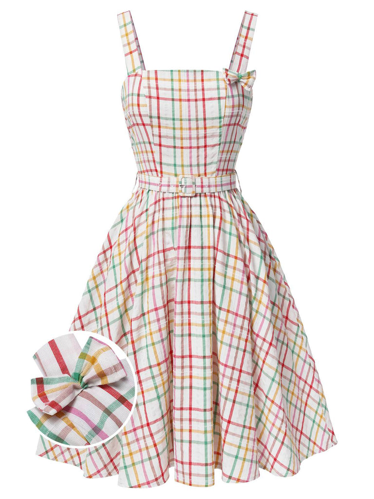 Multicolor 1950er Breite Träger Bogen Plaid Kleid