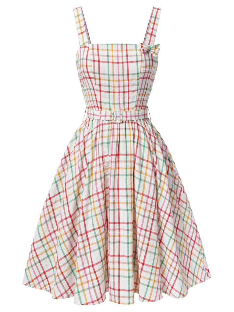 Multicolor 1950er Breite Träger Bogen Plaid Kleid