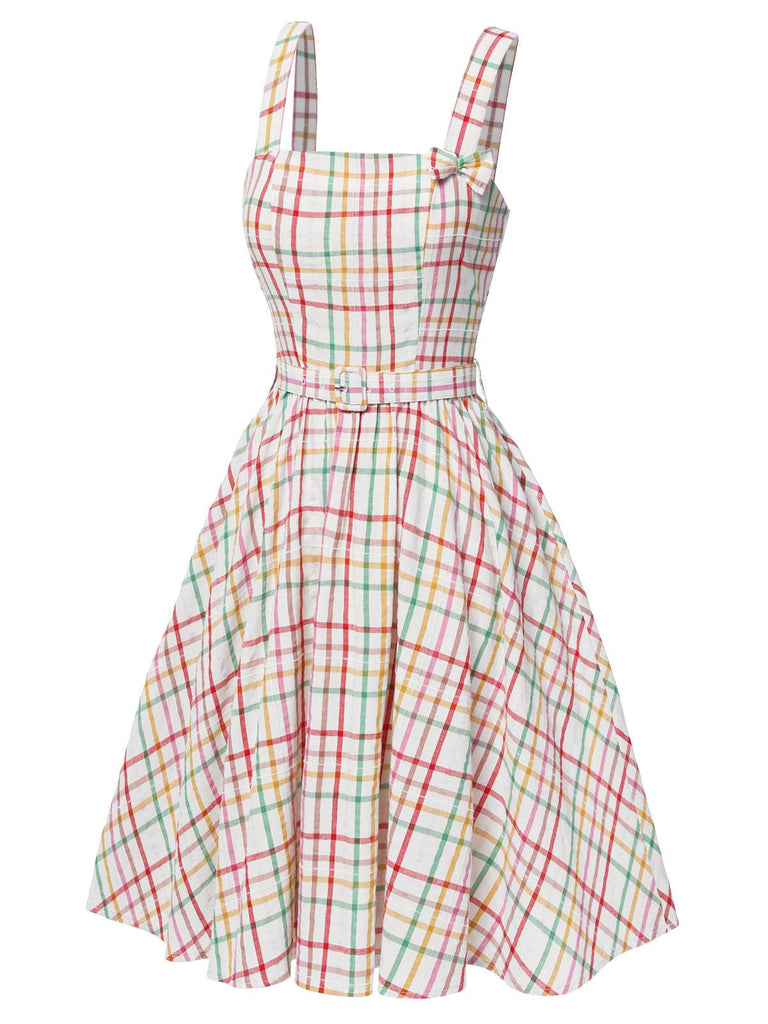 Multicolor 1950er Breite Träger Bogen Plaid Kleid