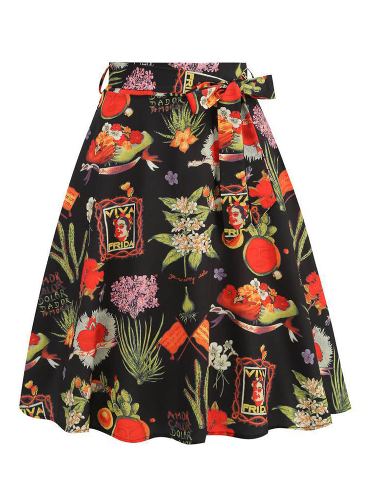 Multicolor 1950er Frida Blumen A-Line Rock