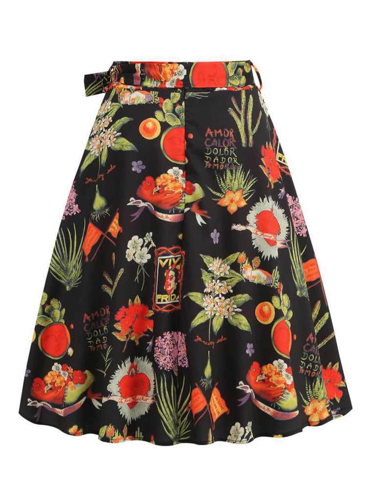 Multicolor 1950er Frida Blumen A-Line Rock