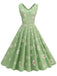 Grün 1950er Gänseblümchen V-Ausschnitt Swing Kleid