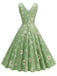 Grün 1950er Gänseblümchen V-Ausschnitt Swing Kleid