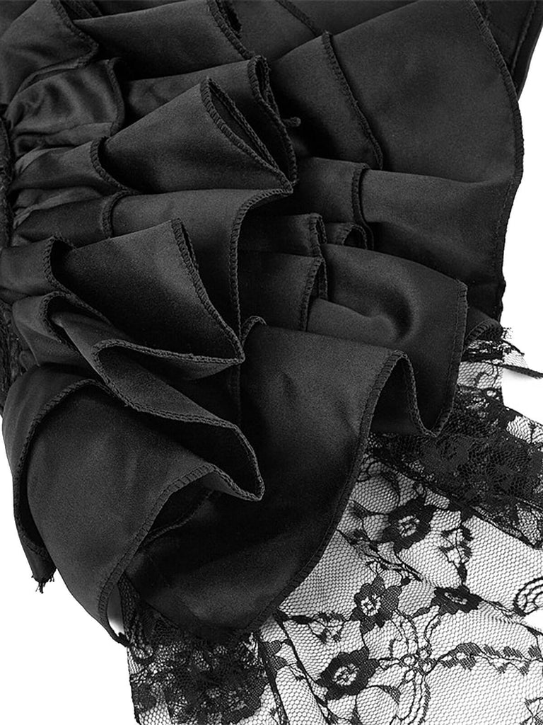 Schwarz 1970er Stempunk Rüschen Spitze Patchwork Korsett