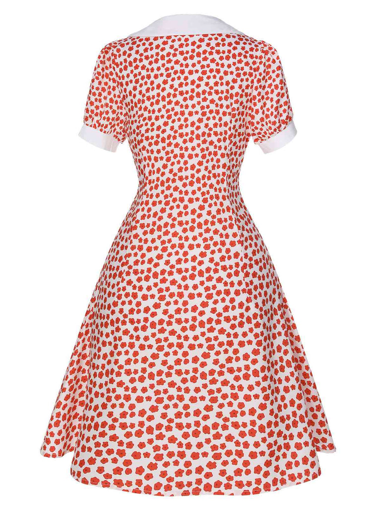 Rot 1950er Revers Blümchen Dots Kleid