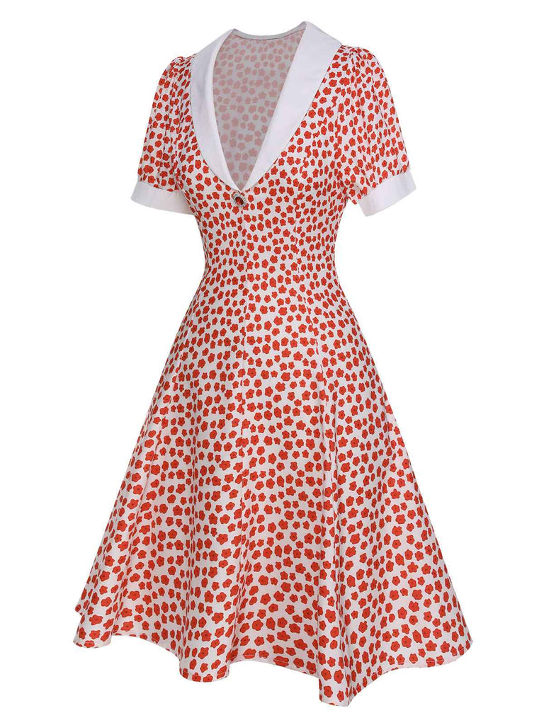 Rot 1950er Revers Blümchen Dots Kleid