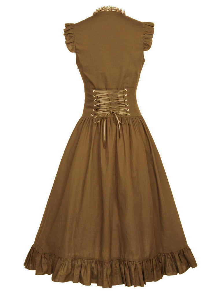 1930er Solide Rüschen Quadratischer Hals Steampunk Kleid