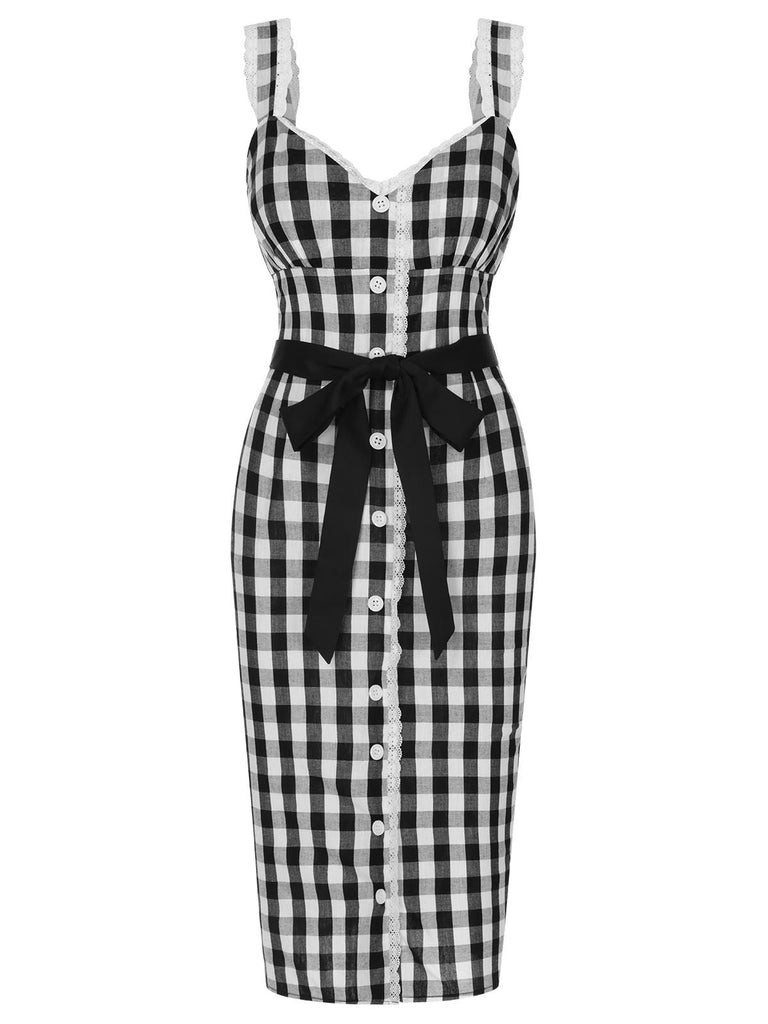 [Vorverkauf] Schwarz 1960er Spitzenbesatz Gingham Bogen Kleid