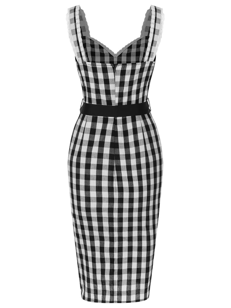 [Vorverkauf] Schwarz 1960er Spitzenbesatz Gingham Bogen Kleid