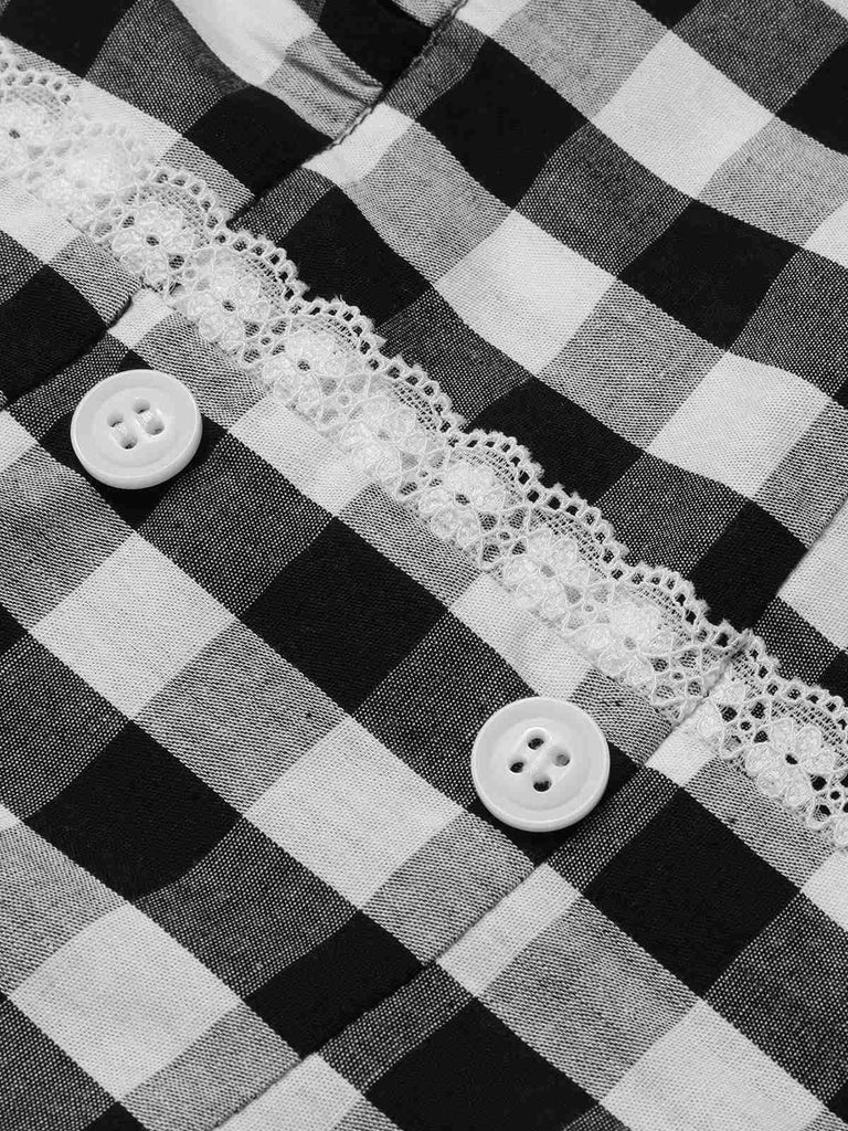 [Vorverkauf] Schwarz 1960er Spitzenbesatz Gingham Bogen Kleid