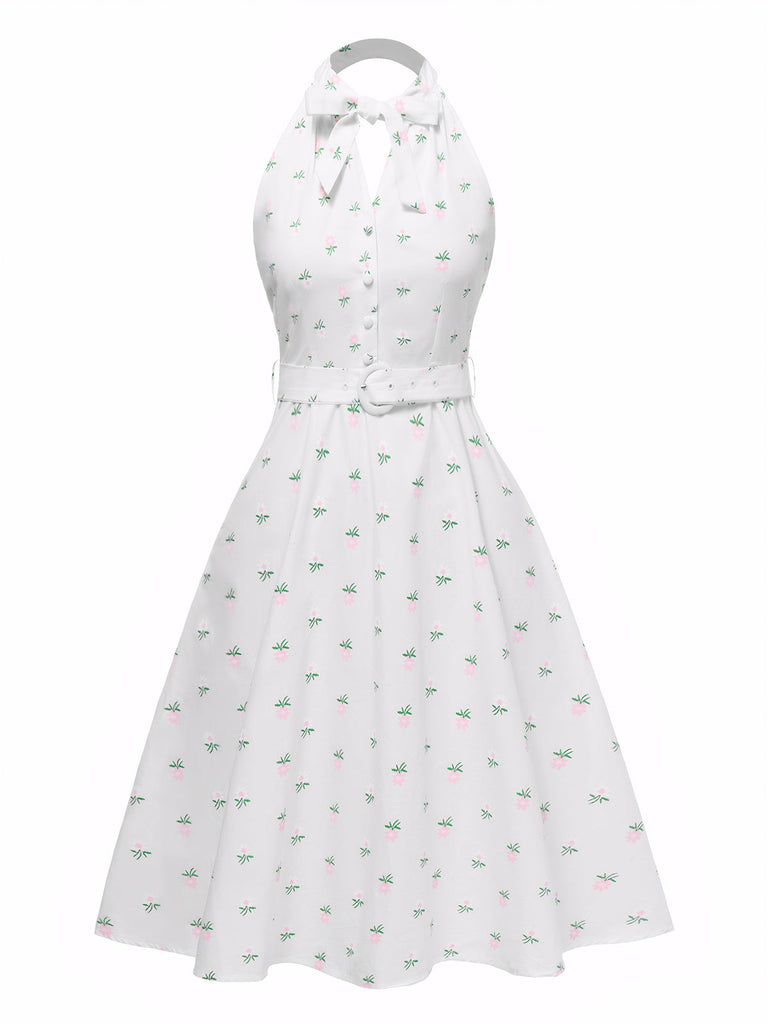 [Vorverkauf] Weiß 1950er Halter Blumen Gürtel Kleid