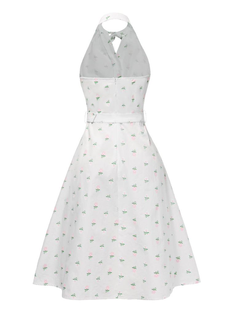 [Vorverkauf] Weiß 1950er Halter Blumen Gürtel Kleid