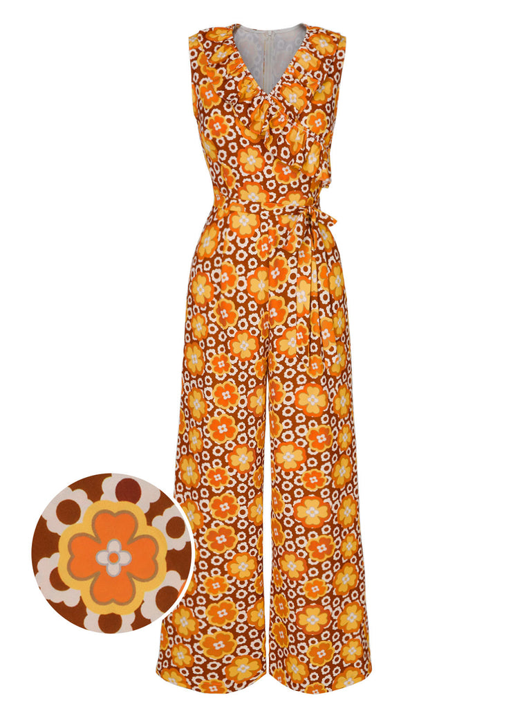 1970er V-Ausschnitt Blumen Ärmellos Jumpsuit