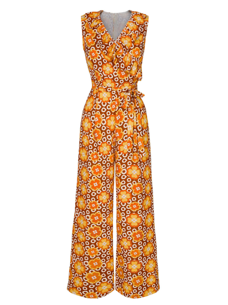 1970er V-Ausschnitt Blumen Ärmellos Jumpsuit