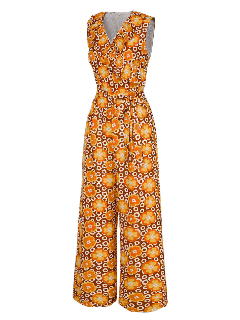 1970er V-Ausschnitt Blumen Ärmellos Jumpsuit