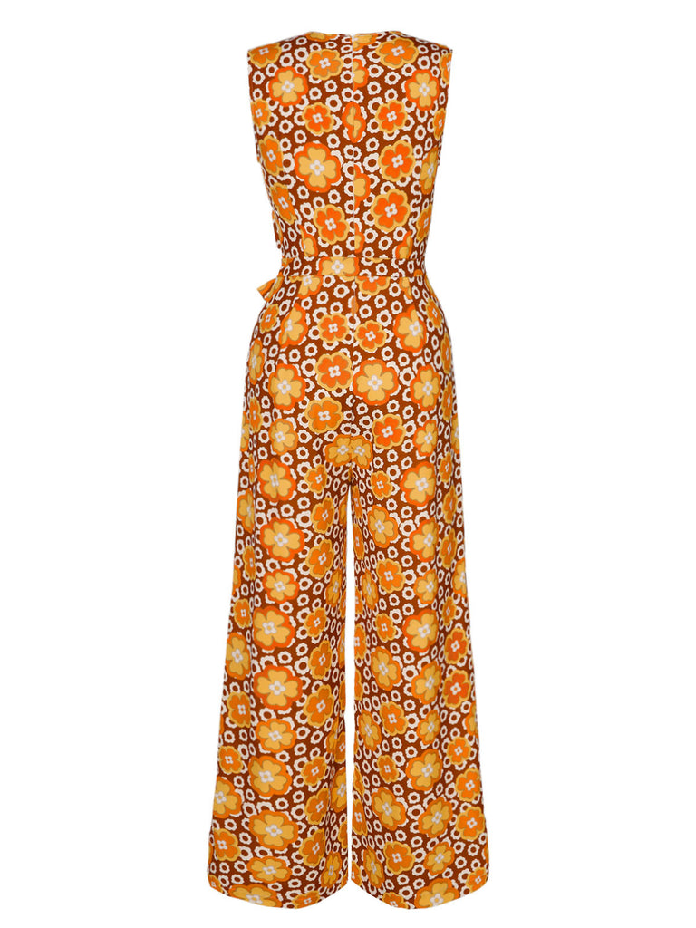 1970er V-Ausschnitt Blumen Ärmellos Jumpsuit