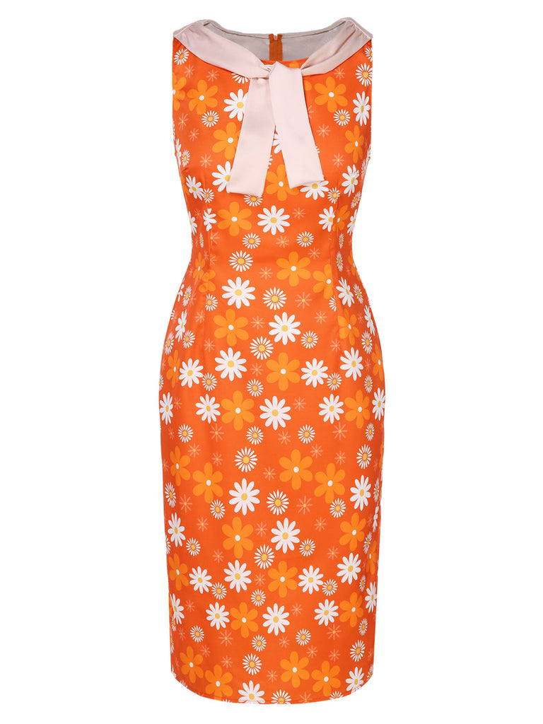 Orange 1930er Krawattenhals Blumen Ärmellos Kleid