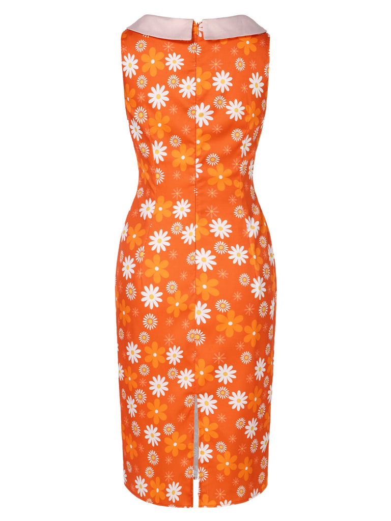 Orange 1930er Krawattenhals Blumen Ärmellos Kleid