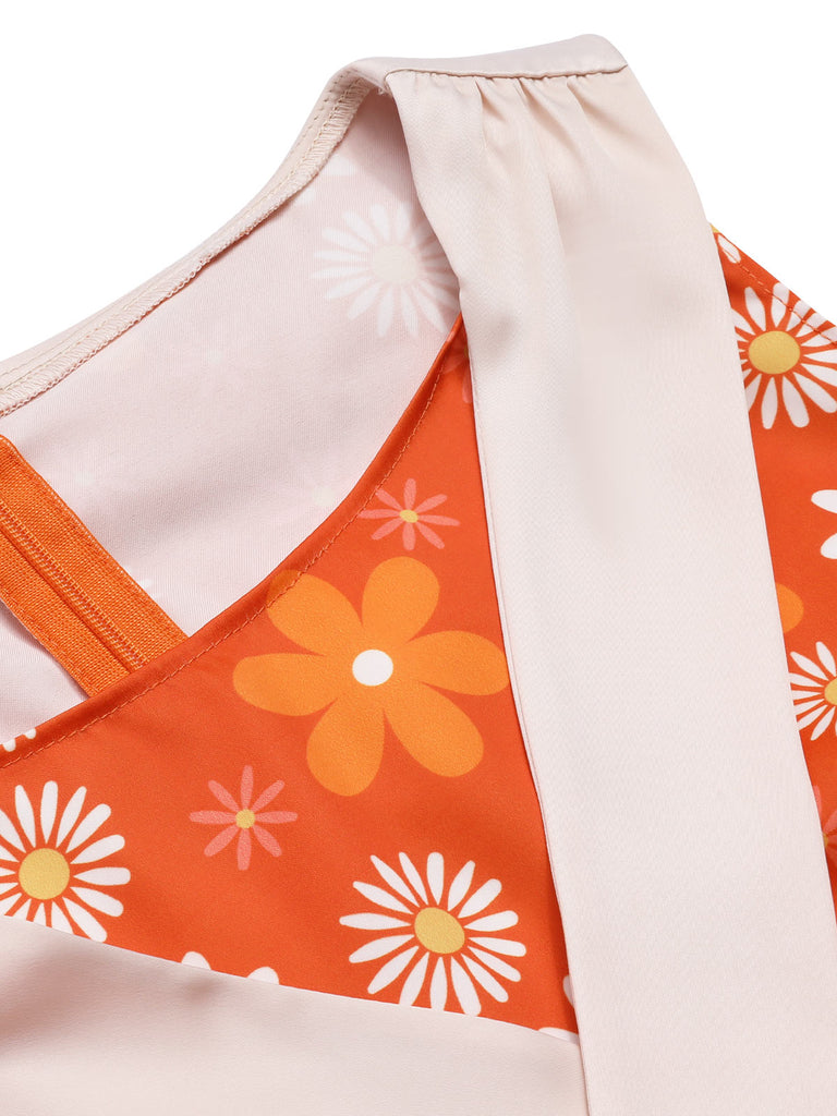 Orange 1930er Krawattenhals Blumen Ärmellos Kleid