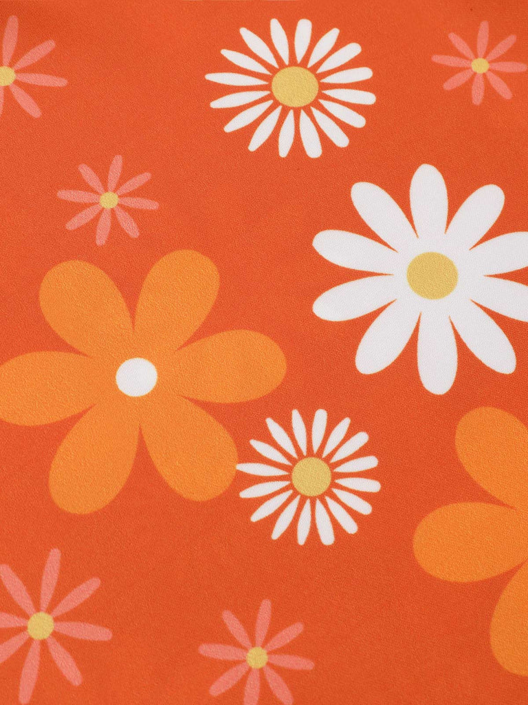 Orange 1930er Krawattenhals Blumen Ärmellos Kleid