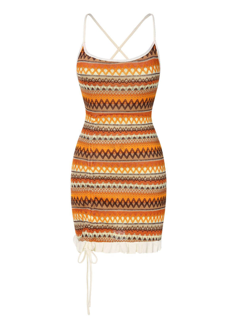 Multicolor 1960er Bohemien Kordelzug Knit Träger Kleid