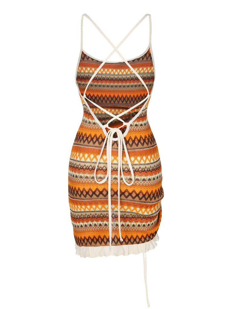 Multicolor 1960er Bohemien Kordelzug Knit Träger Kleid