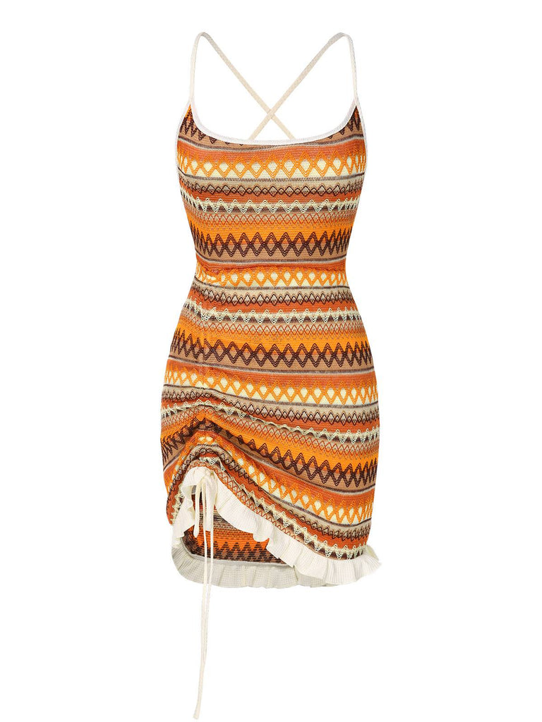 Multicolor 1960er Bohemien Kordelzug Knit Träger Kleid