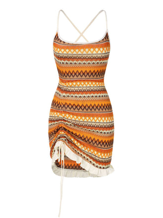Multicolor 1960er Bohemien Kordelzug Knit Träger Kleid