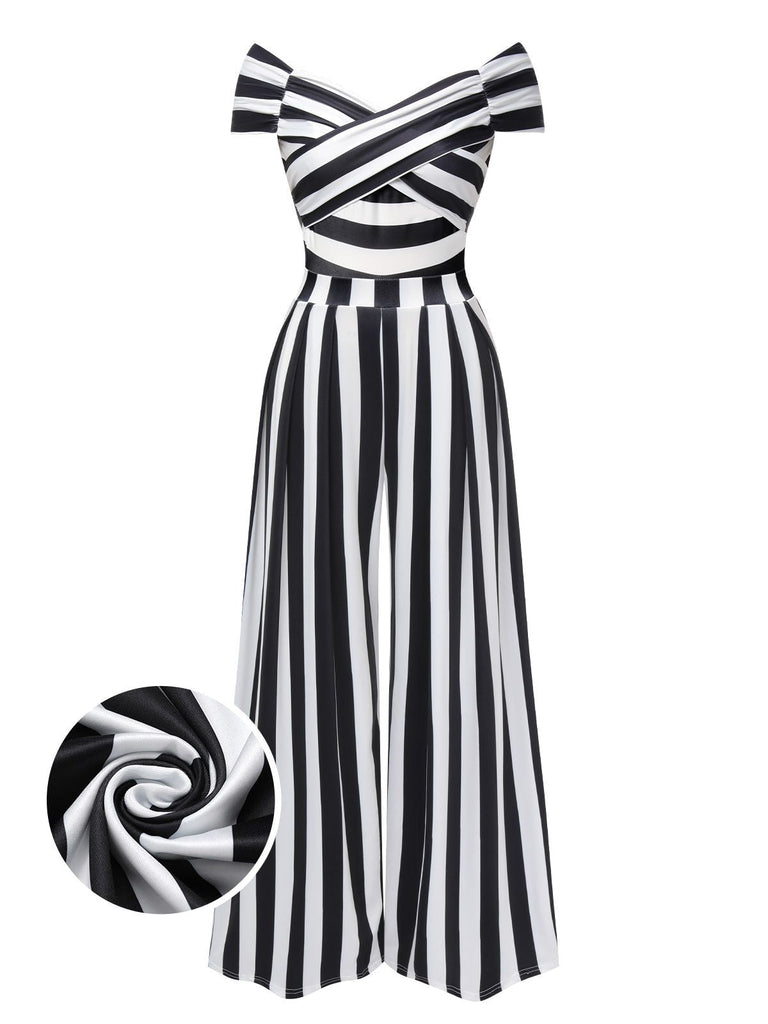 Beetlejuice Kostüm Schwarz 1960er Schulterfrei Streifen Jumpsuit