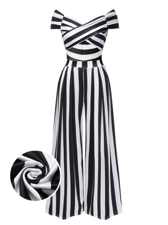 Gothic Beetlejuice Kostüm Schwarz 1960er Schulterfrei Streifen Jumpsuit
