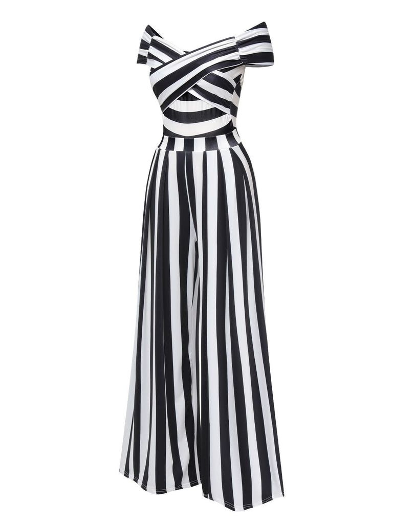 Beetlejuice Kostüm Schwarz 1960er Schulterfrei Streifen Jumpsuit